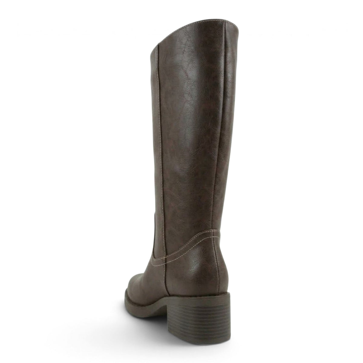 Brown tall boot with square toe and stacked block heel, back view