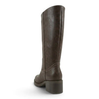 Brown tall boot with square toe and stacked block heel, back view