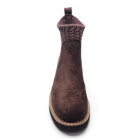 Chocolate suede ankle bootie with knit collar and tan-trimmed rubber sole