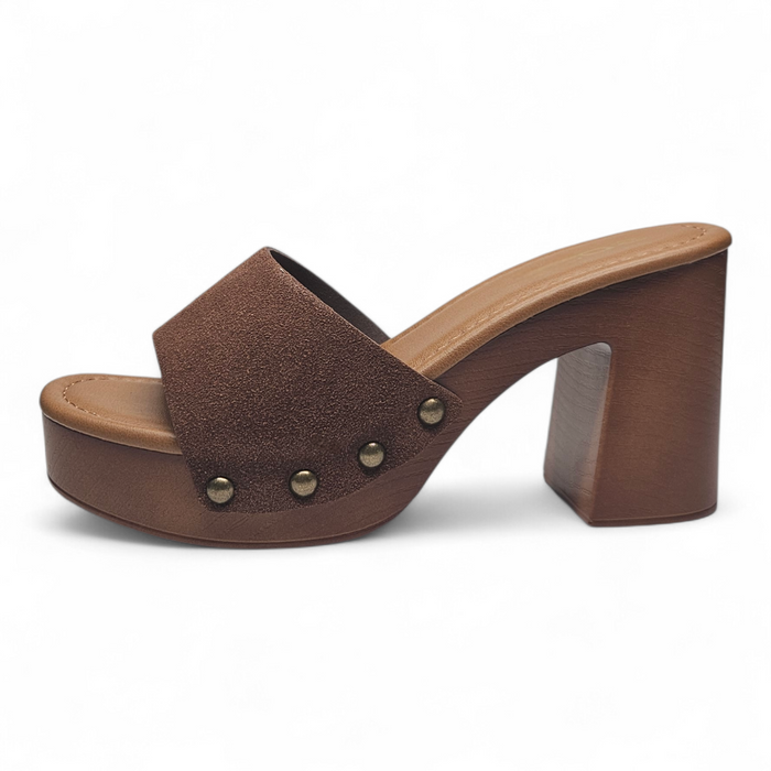 Boho Lightweight Studded Wooden Heel Mule - Brown