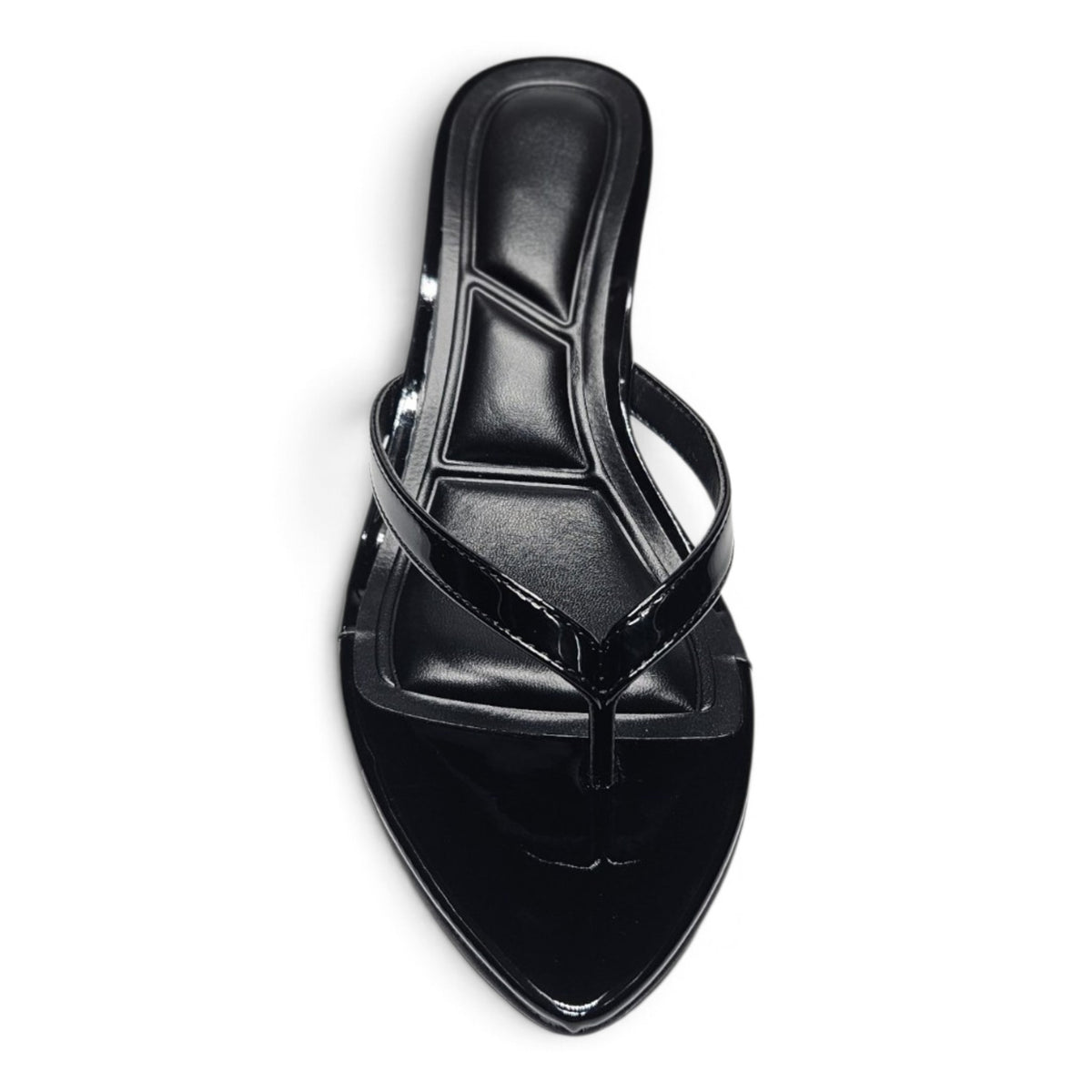 Black pointed-toe kitten heel slide sandals with V toe strap and ankle strap