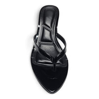 Black pointed-toe kitten heel slide sandals with V toe strap and ankle strap