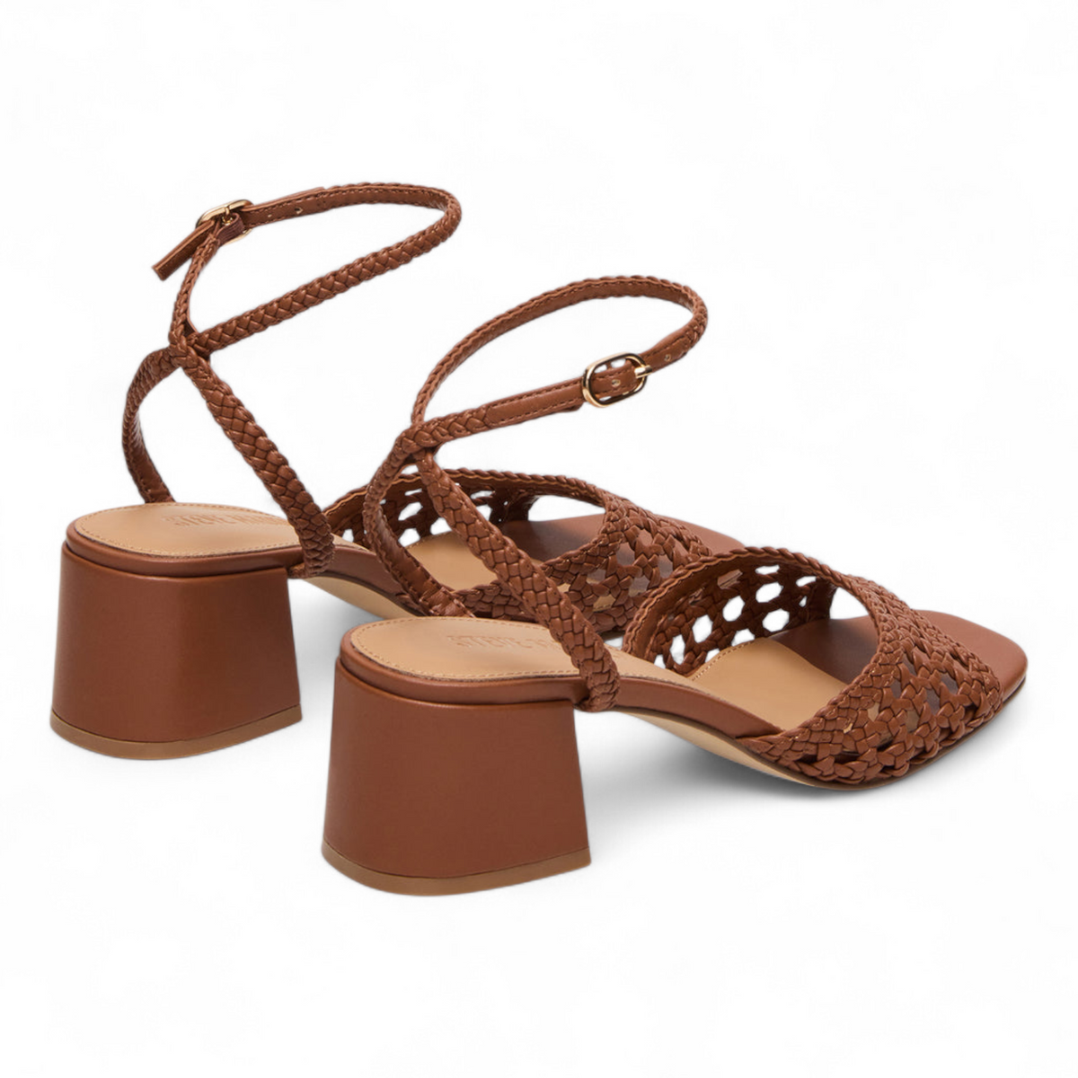 Brown woven sandal with block heel on a white background