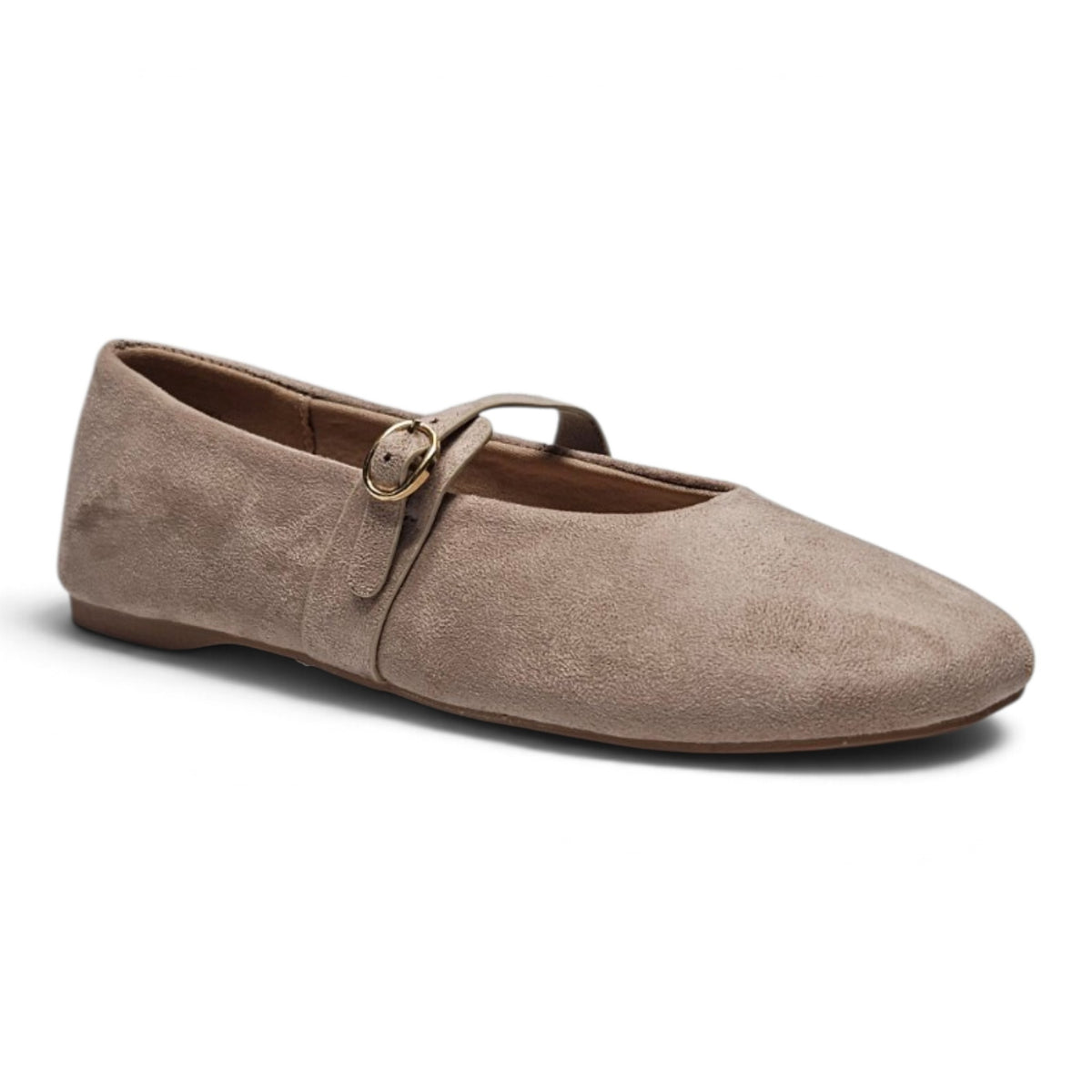 Light taupe suede Mary Jane flats with round buckle strap, low sole
