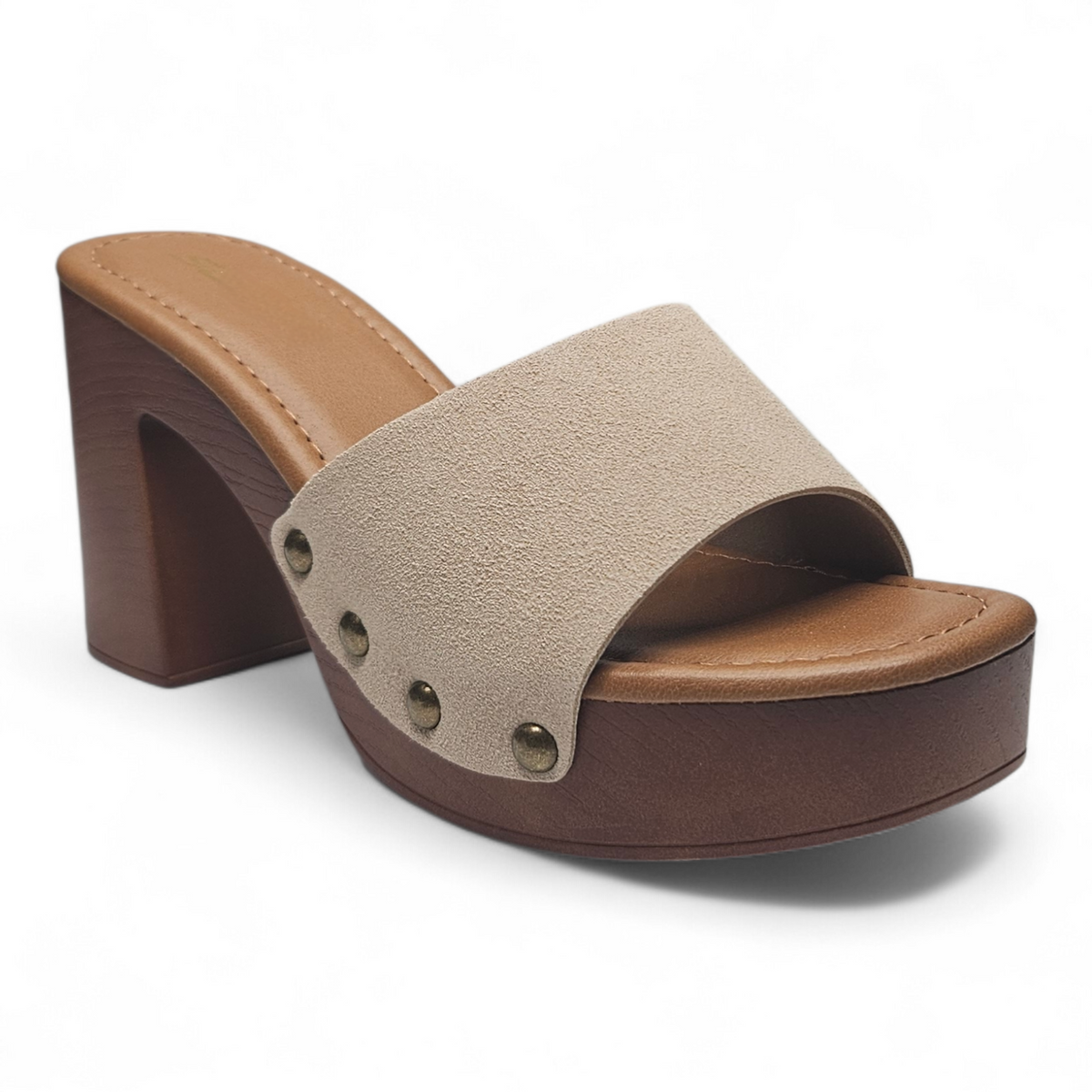 Beige sandal with brown heel and platform on a white background