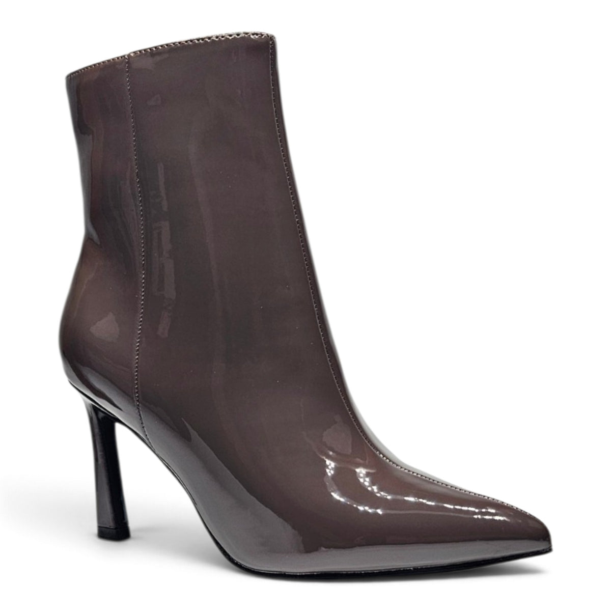 Mocha brown pointed toe ankle boot with side zip and stiletto heel