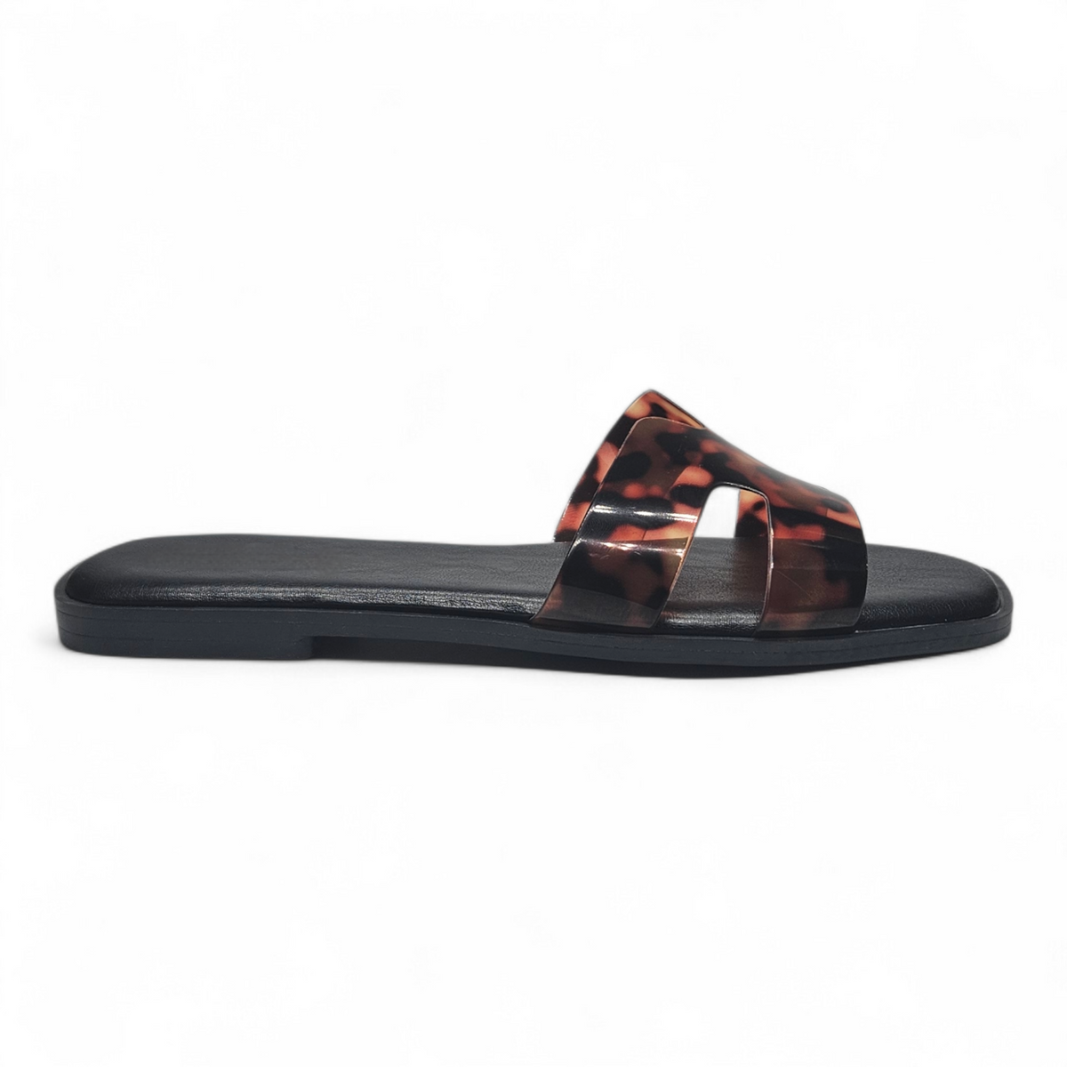 Tortoise H Band Slide Sandals on a white background