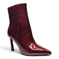 Burgundy pointed toe ankle boot with side zip and stiletto heel