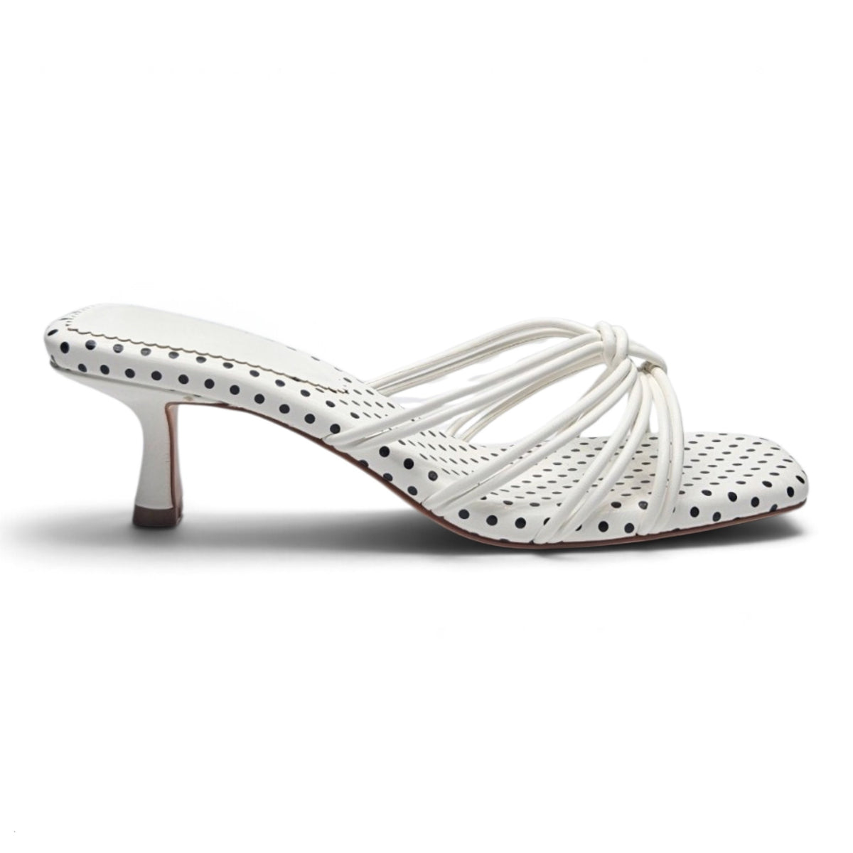 White polka dot knotted strappy kitten heel sandal with braided upper straps