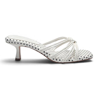 White polka dot knotted strappy kitten heel sandal with braided upper straps