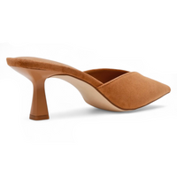 Brown suede high-heeled shoe on a white background