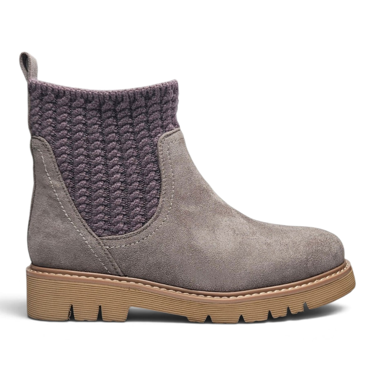 Grey suede ankle bootie with knit side gore, tan welt, and treaded outsole