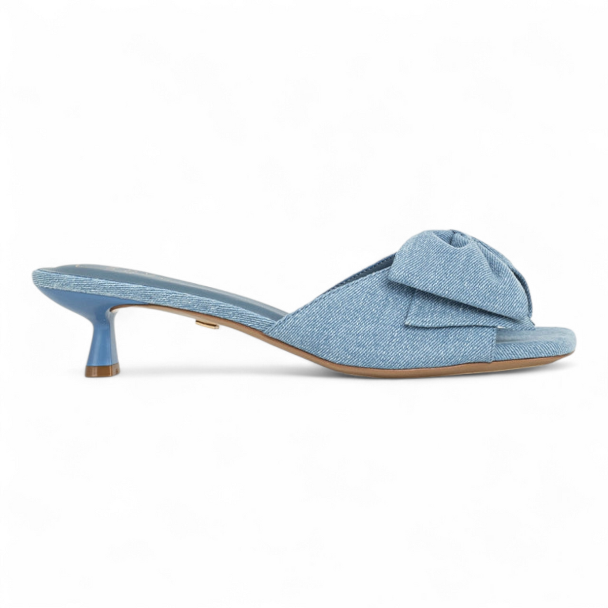 Blue denim sandal with a bow on a white background