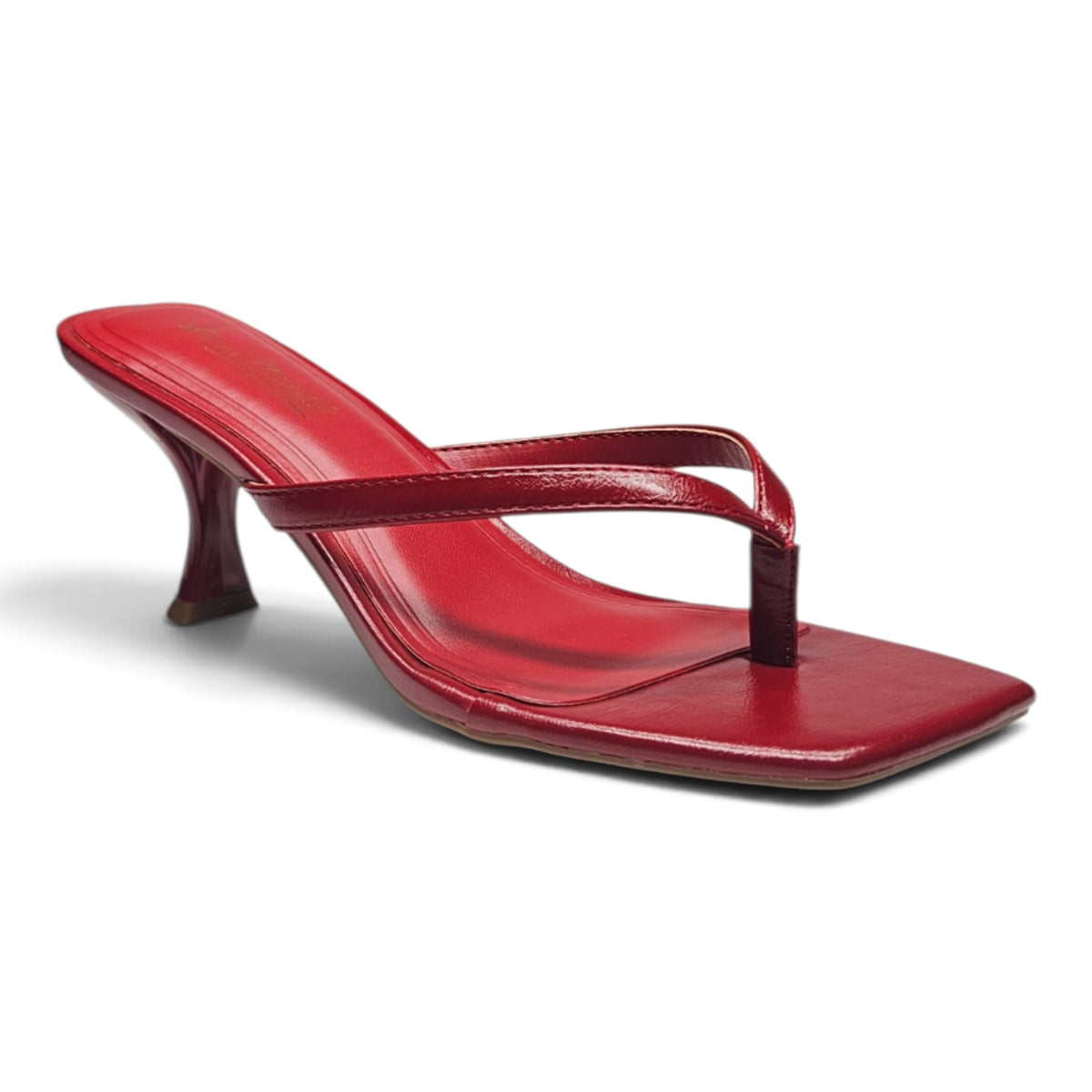 Red patent thong mule sandal with T-strap across toe and kitten heel