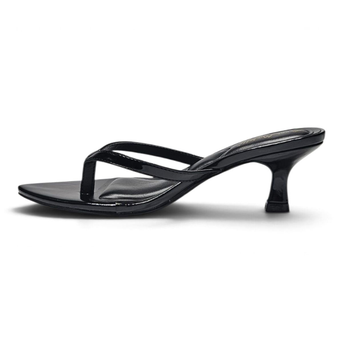 Black pointed-toe kitten-heel sandals, side view, slim toe-thong and ankle strap