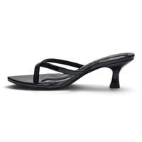 Black pointed-toe kitten-heel sandals, side view, slim toe-thong and ankle strap