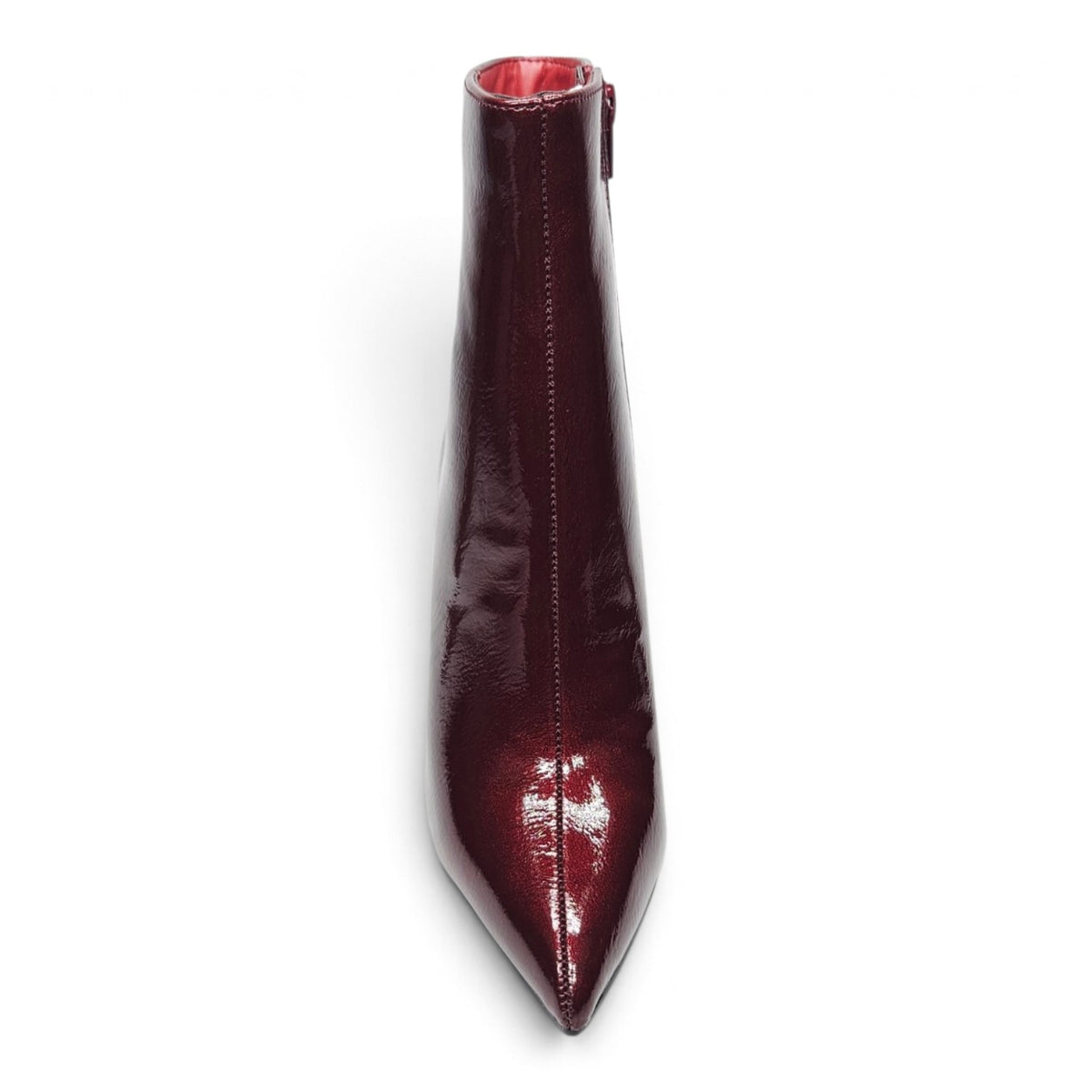 Burgundy patent pointed toe ankle boot with side zip and stiletto heel