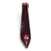 Burgundy patent pointed toe ankle boot with side zip and stiletto heel