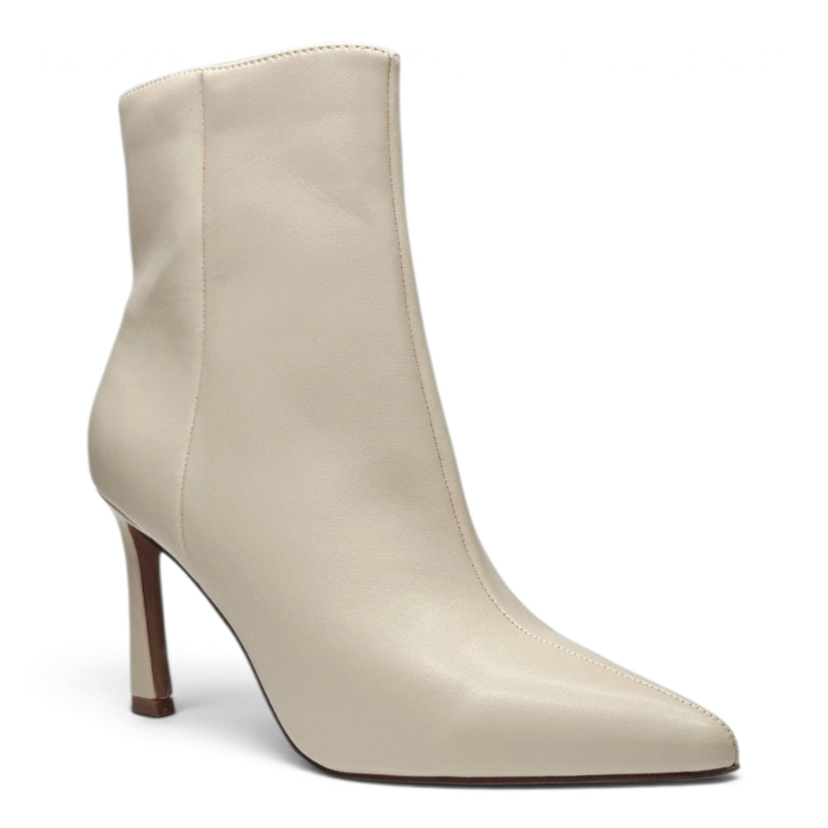 Ivory pointed toe ankle boot with side zip and stiletto heel