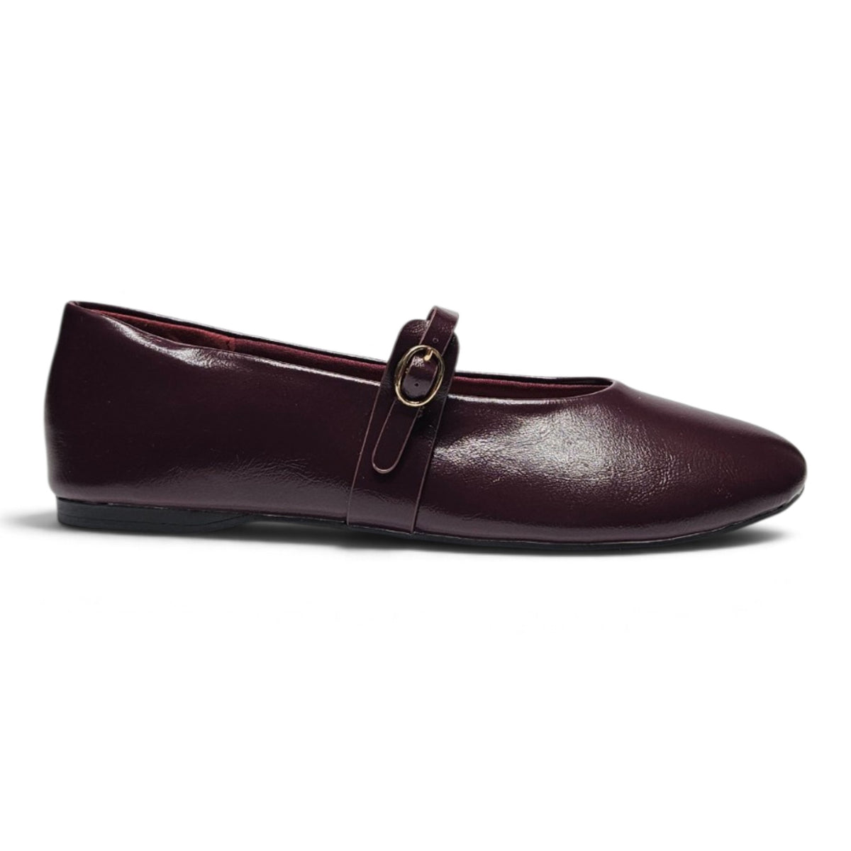 Plum Mary Jane flats with top strap, round toe, and small buckle hardware