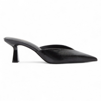 Black pointed-toe mule shoe on a white background