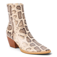 Natural multi snake ankle bootie with side pull and chunky wooden-style block heel
