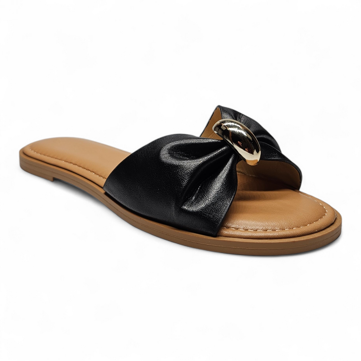 Black womens gathered band slide sandal