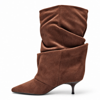 Brown suede slouch bootie with stacked folds and kitten heel