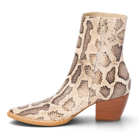Natural multi snake ankle bootie with pointed toe, side pull tab, and block heel