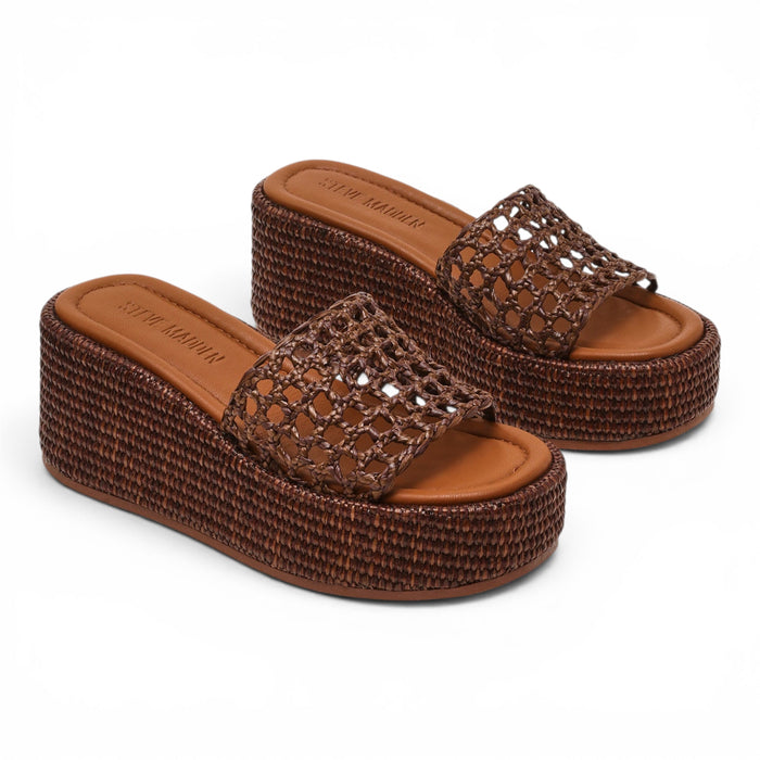 Brandy Raffia Platform Wedge Slide Sandal - Brown Raffia