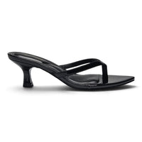 Black pointed-toe kitten-heel sandals, side view, thin toe-thong and cross straps