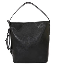 Black leather handbag on a light gray background