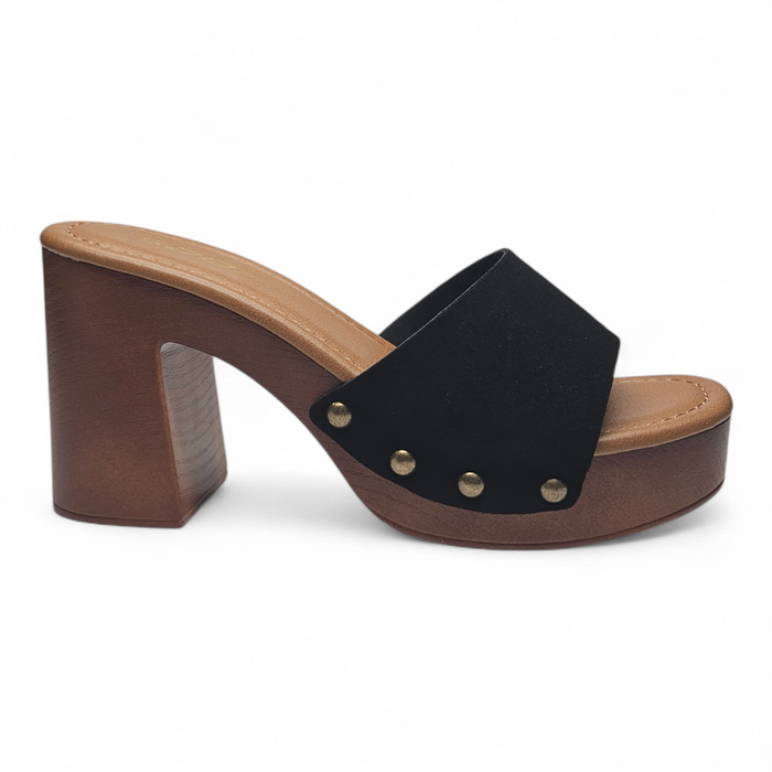 Boho Lightweight Studded Wooden Heel Mule - Black