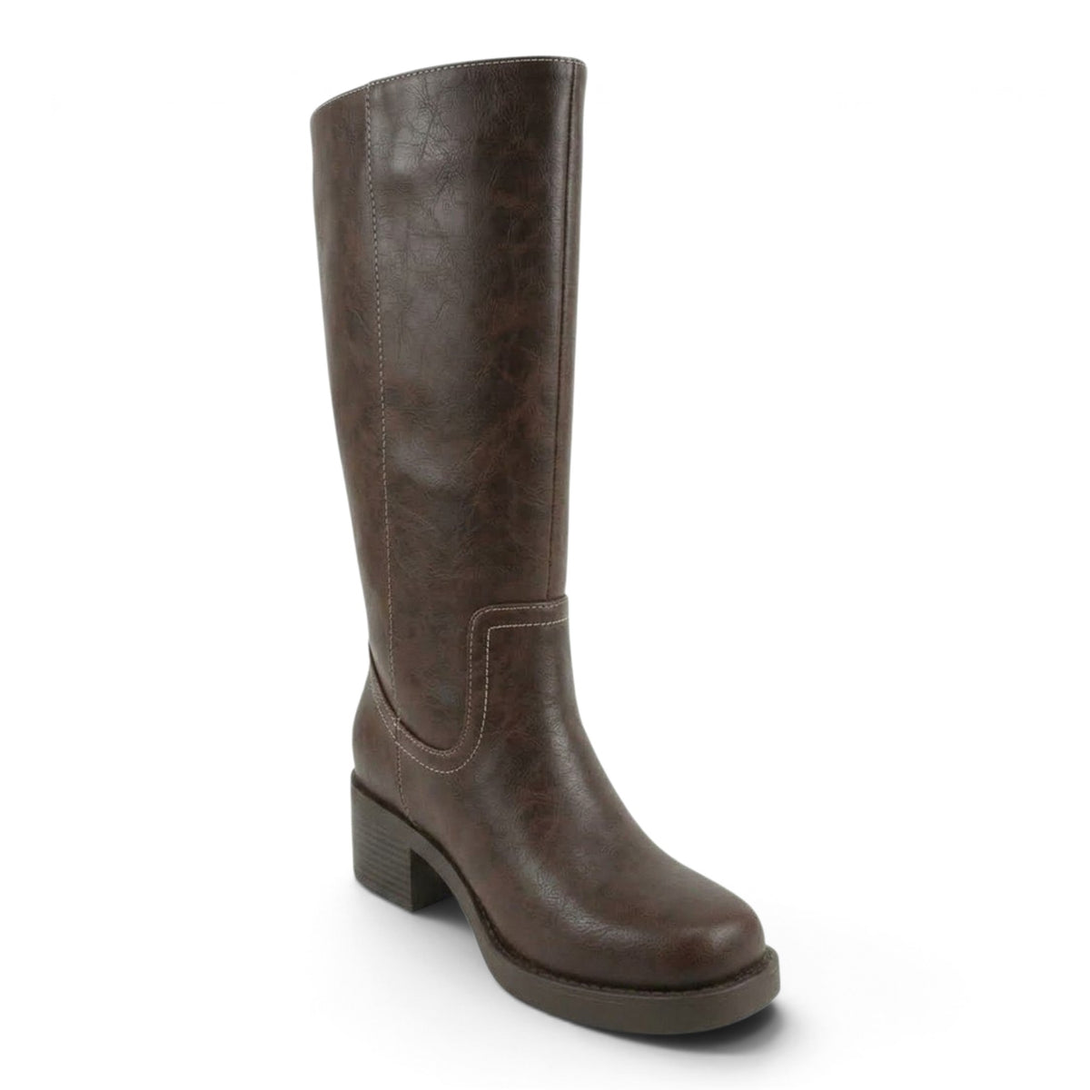 Brown tall boot with square toe and low block heel, side angle
