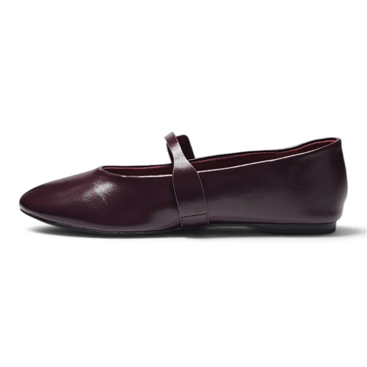 Plum Mary Jane flats with adjustable buckle strap and smooth rounded toe