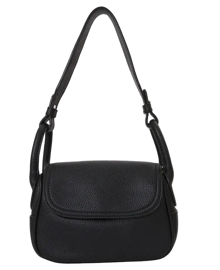 Black leather handbag with a shoulder strap on a white background