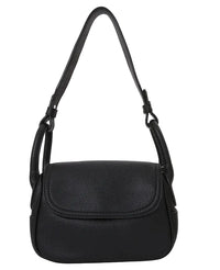 Black leather handbag with a shoulder strap on a white background