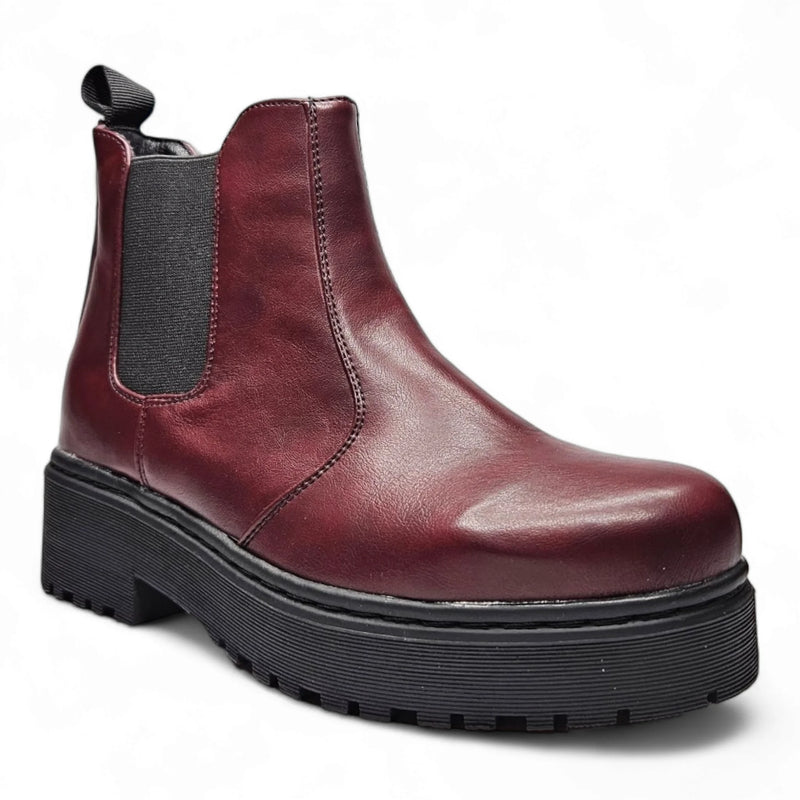 Burgundy leather Chelsea boot with chunky platform sole in Rock’n Chelsea Boot style