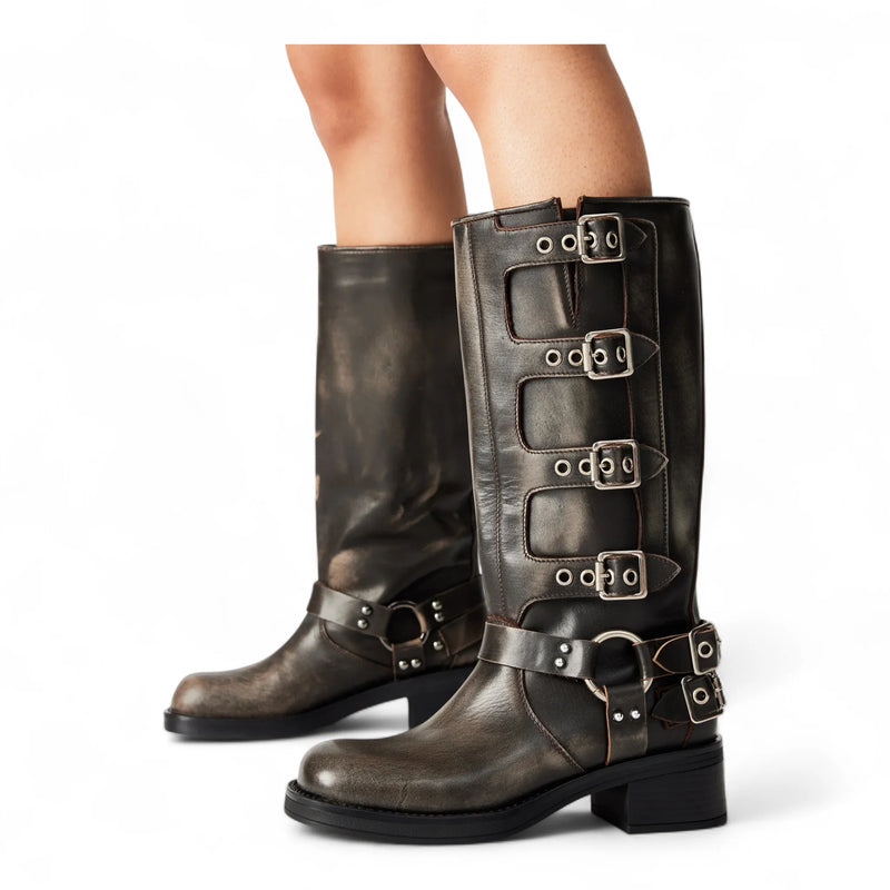 Rocky Brown Distressed Knee-High Moto Boots