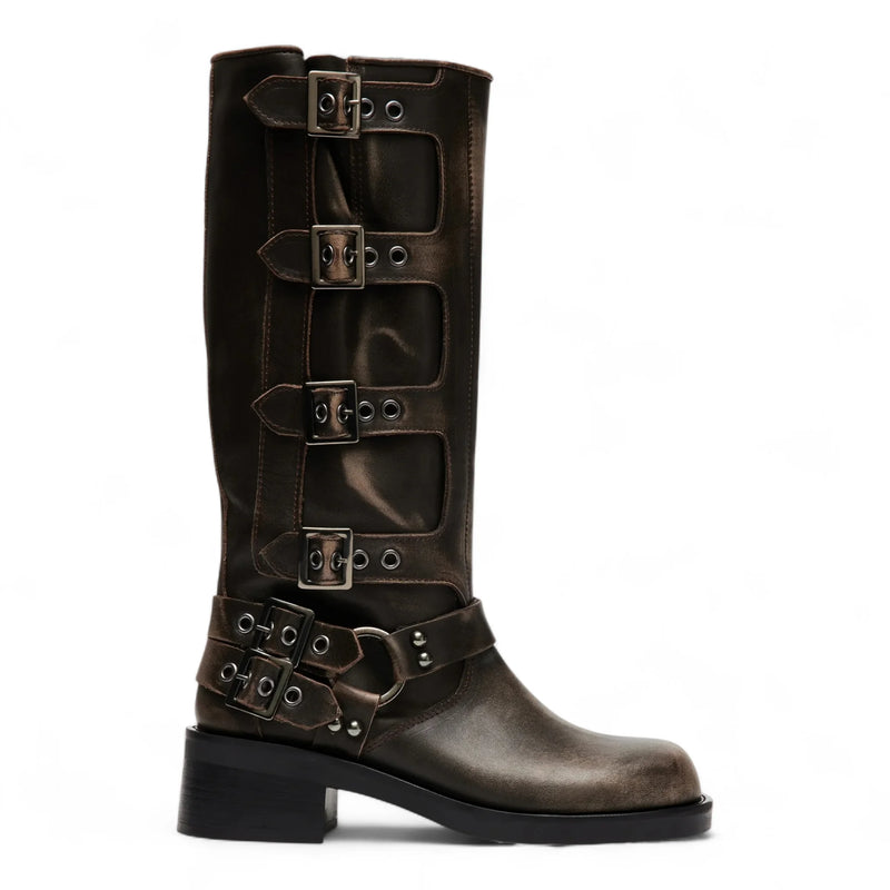 Rocky Brown Distressed Knee-High Moto Boots