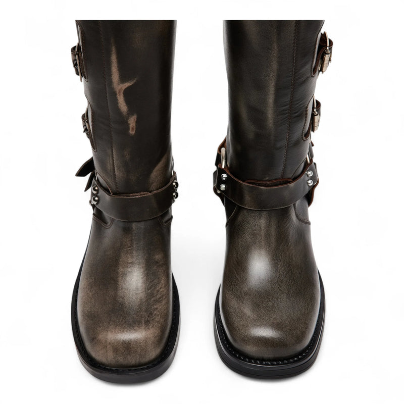 Rocky Brown Distressed Knee-High Moto Boots