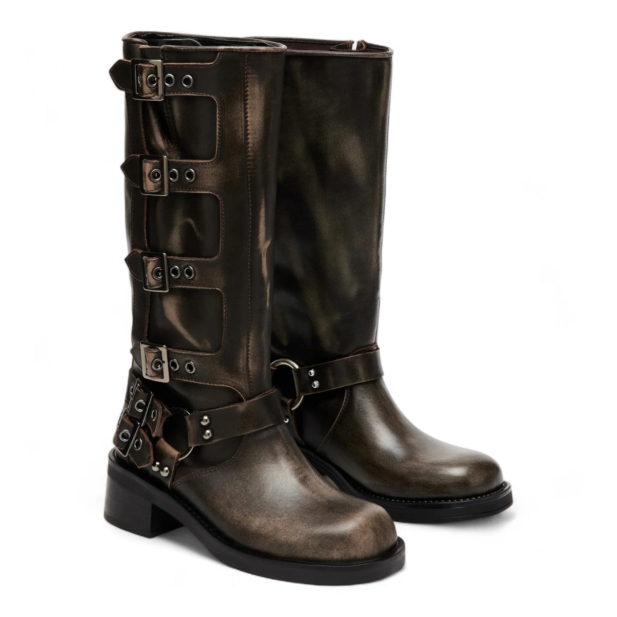 Rocky Brown Distressed Knee-High Moto Boots