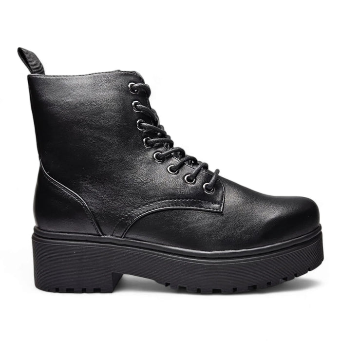 Black leather combat boots with chunky platform sole and lace-up front for stylish footwear