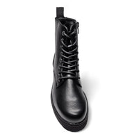 Black leather combat boots with laces and chunky sole for stylish durability