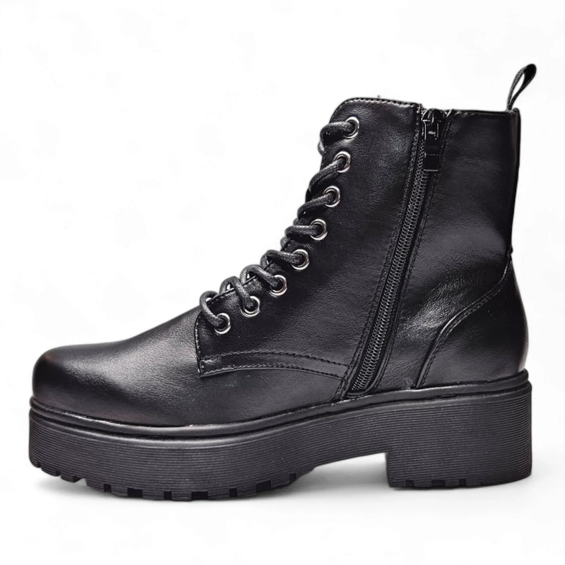 Black leather combat boots with chunky platform sole and side zipper for stylish durability