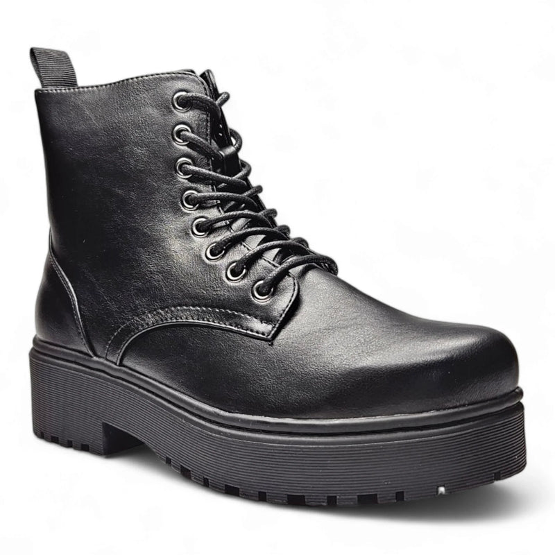 Black leather combat boots with thick treaded sole and lace-up front for stylish comfort