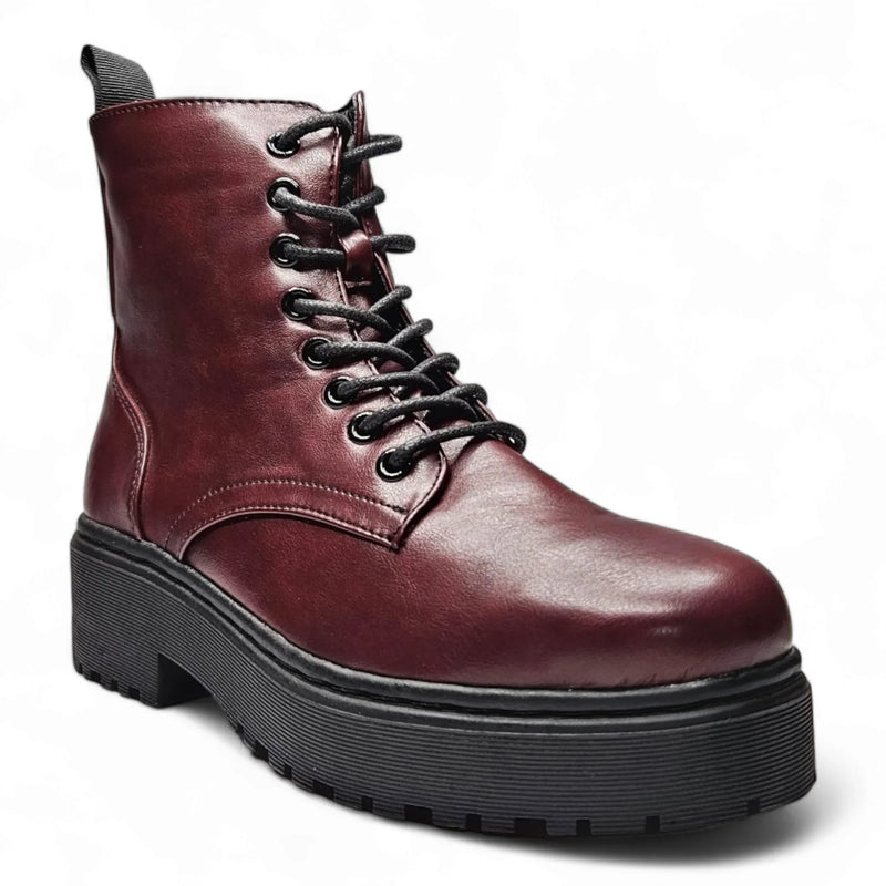 Burgundy leather combat boots with thick black platform sole and stylish laces