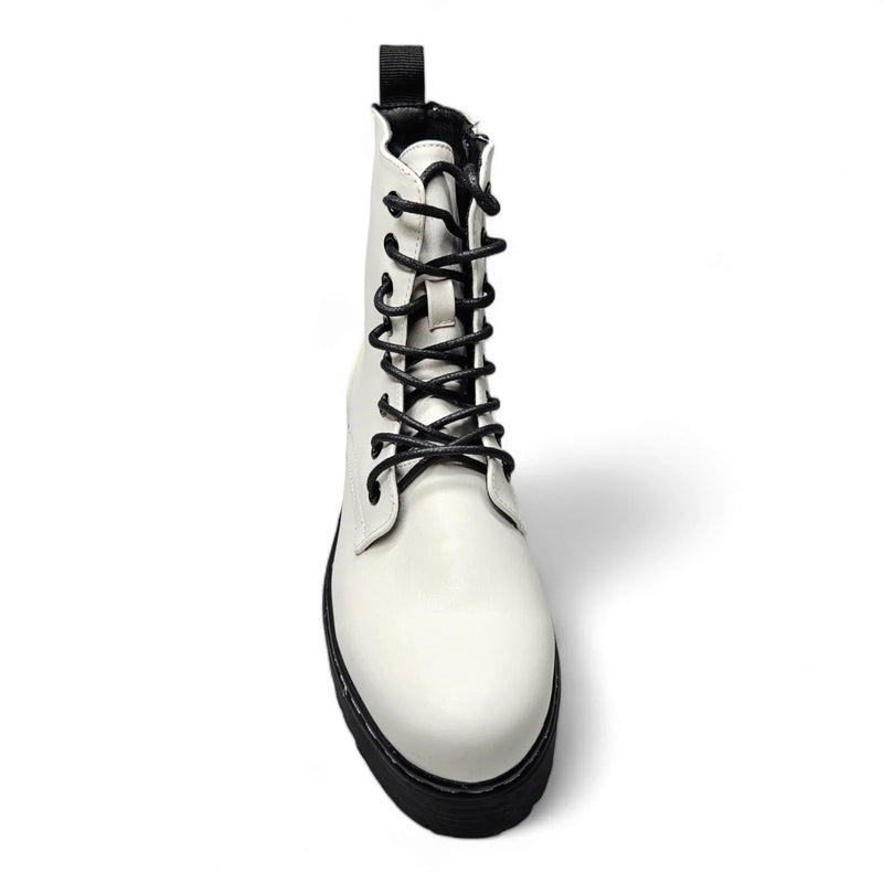 White leather combat boots with black laces and sole for stylish footwear