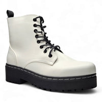 White leather combat boots with a thick black platform sole and laces for stylish footwear