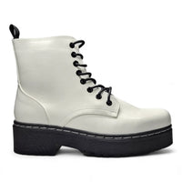 White leather combat boots with chunky black platform sole and laces for stylish outfits